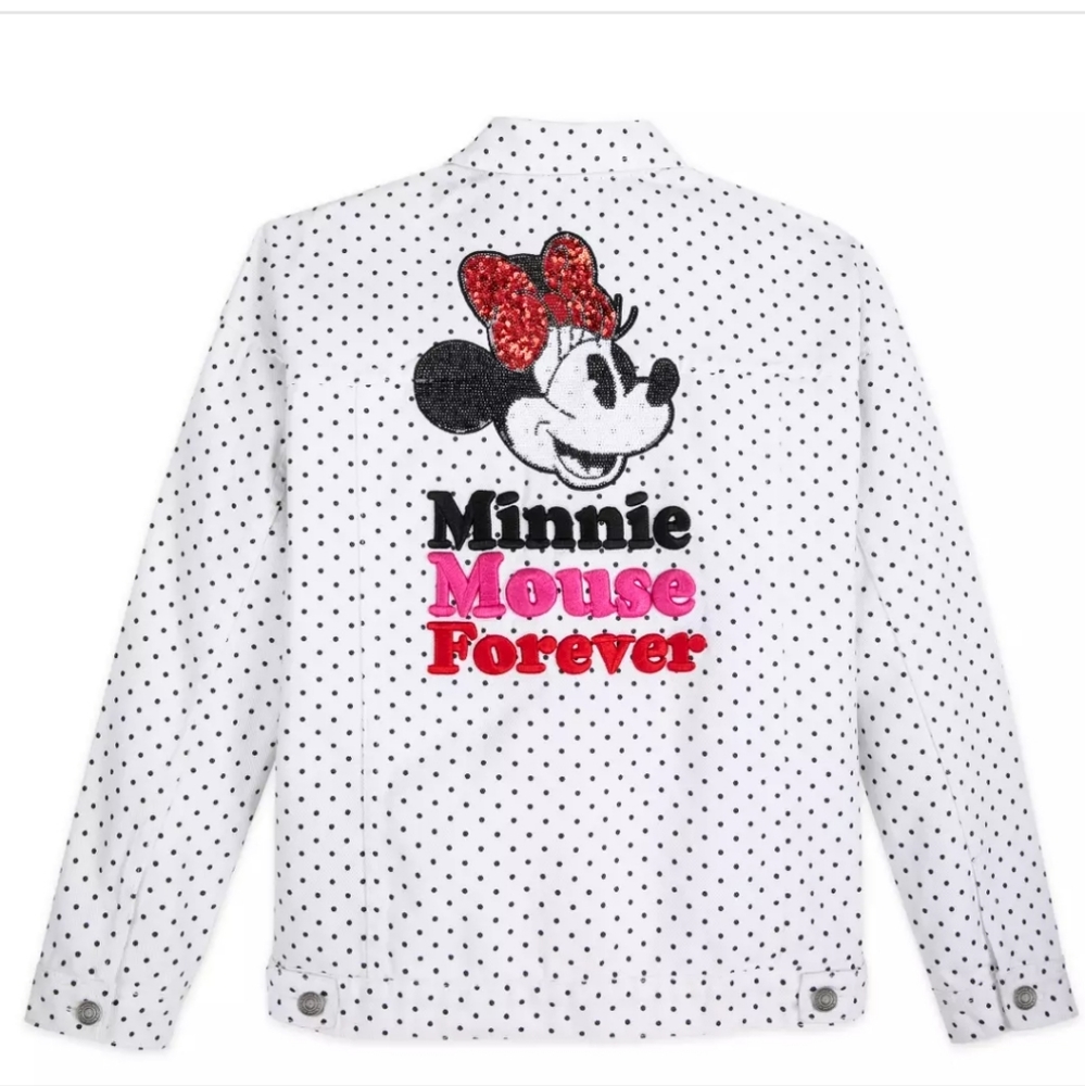 Disney Minnie Mouse Forever White Polka Dot Jean Jacket Sequin Back 100% Cotton